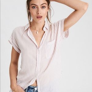 Pink and white striped shirt sleeve button up